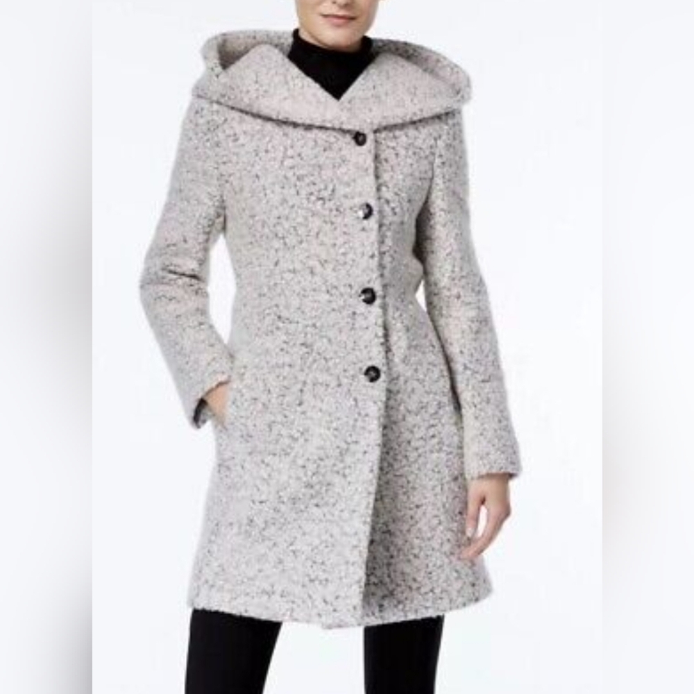 Cole Haan Light Gray Bouclé Hooded Wool-Blend Coat